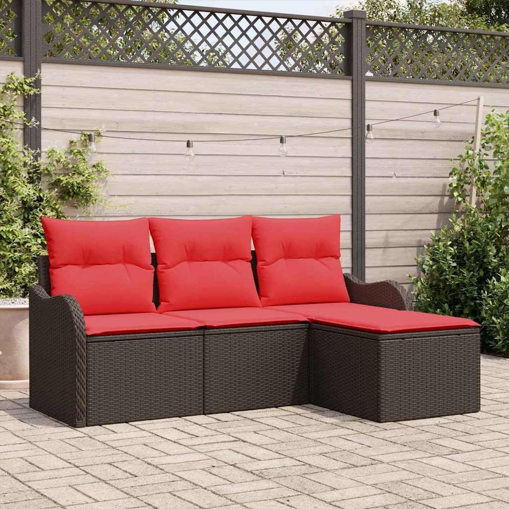 Garden Sofa Set Brown Poly Rattan, 4-Piece Outdoor Patio Furniture with Cushions, Modular Design, UV-Resistant Wicker for Deck Balcony Seating