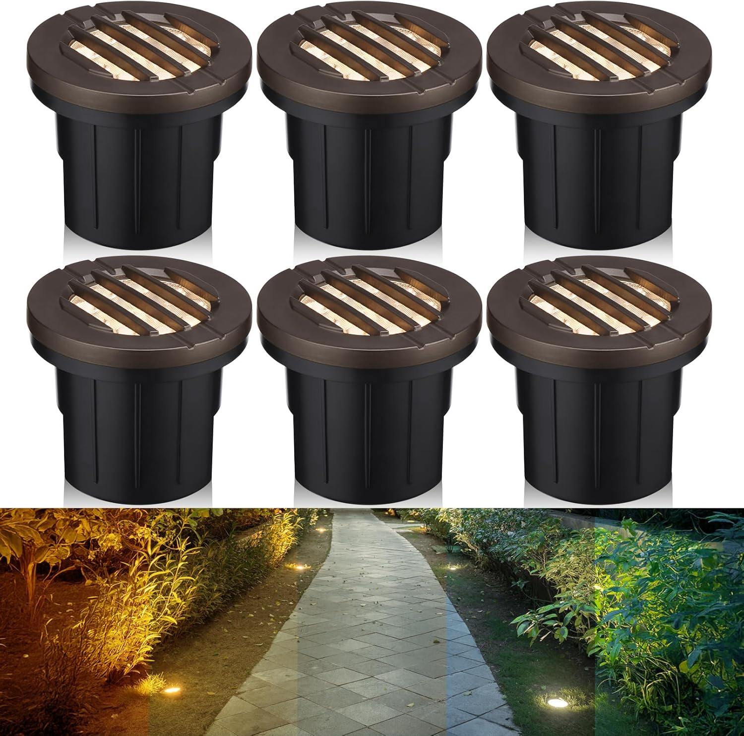 LEONLITE Dia. 4 Inch Well Lights Landscape LED In Ground, Grated Top, 5 Color Temperature Selectable, 12-24V AC/DC CRI90 Low Voltage Garden Landscaping, Oil Rubbed Bronze Aluminum Housing, Pack of 6