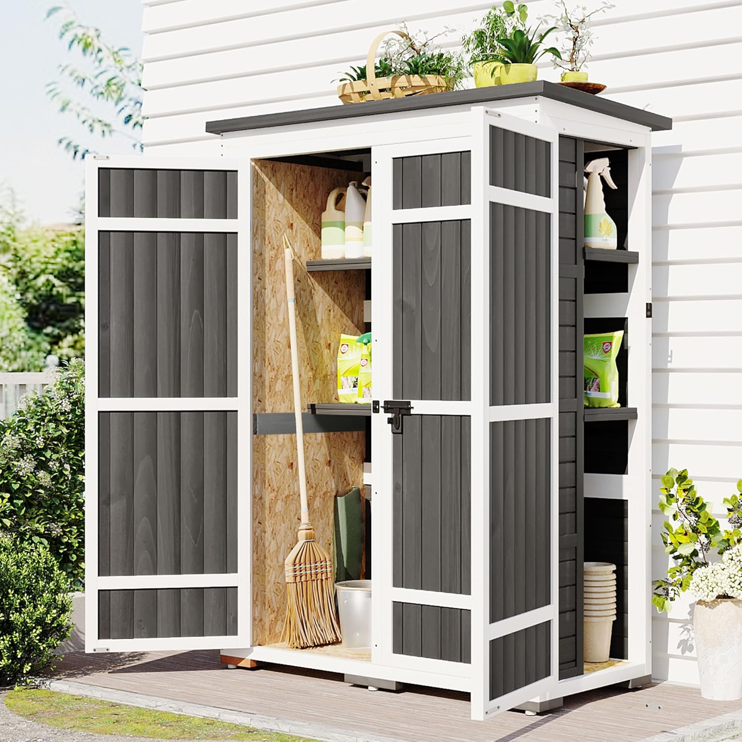 Outdoor Garden Tool Cabinet with Waterproof Roof, Wood Storage Tool Shed Four Lockable Doors, Multiple-Tier Shelves for Garden, Backyard, Patio, and Lawn (White Grey)