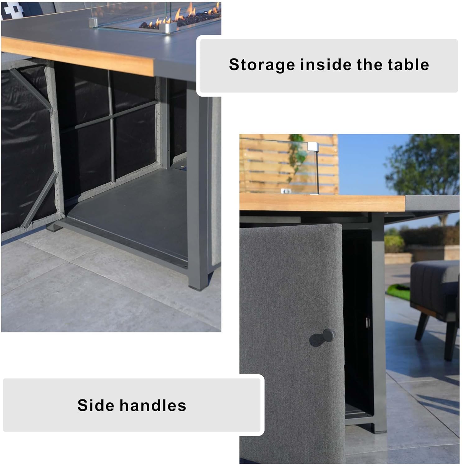 Outdoor Fire Pit Table with Glass Wind Guard, 63x39 inch Aluminum Table Top, Double-Walled Stainless Steel Burner, Weather Resistant