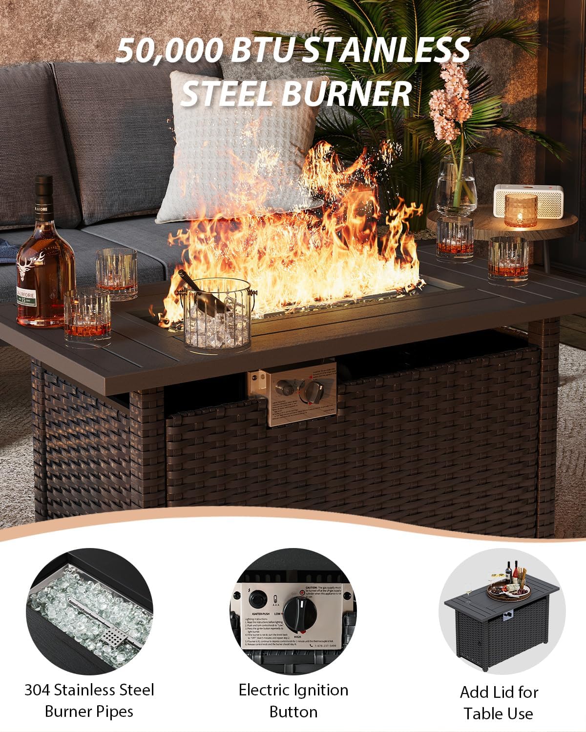 Aoxun Aluminum Outdoor Patio Furniture Set, 7 Seats Outdoor Sectional with Fire Pit Table, Patio Conversation Sets with Upgraded Armrests and Cushions for Backyard, Garden and Poolside（Dark Grey）