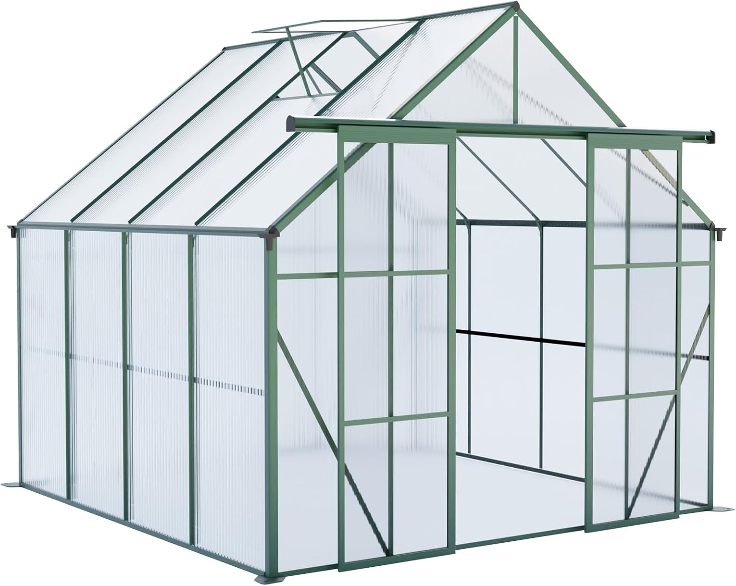 8x8FT Walk-in Polycarbonate Greenhouse with Aluminum Frame – Raised Galvanized Base, Dual Sliding Doors & Adjustable Roof Ventilation, All-Season Garden Shed for Backyard (Green 8x8FT)