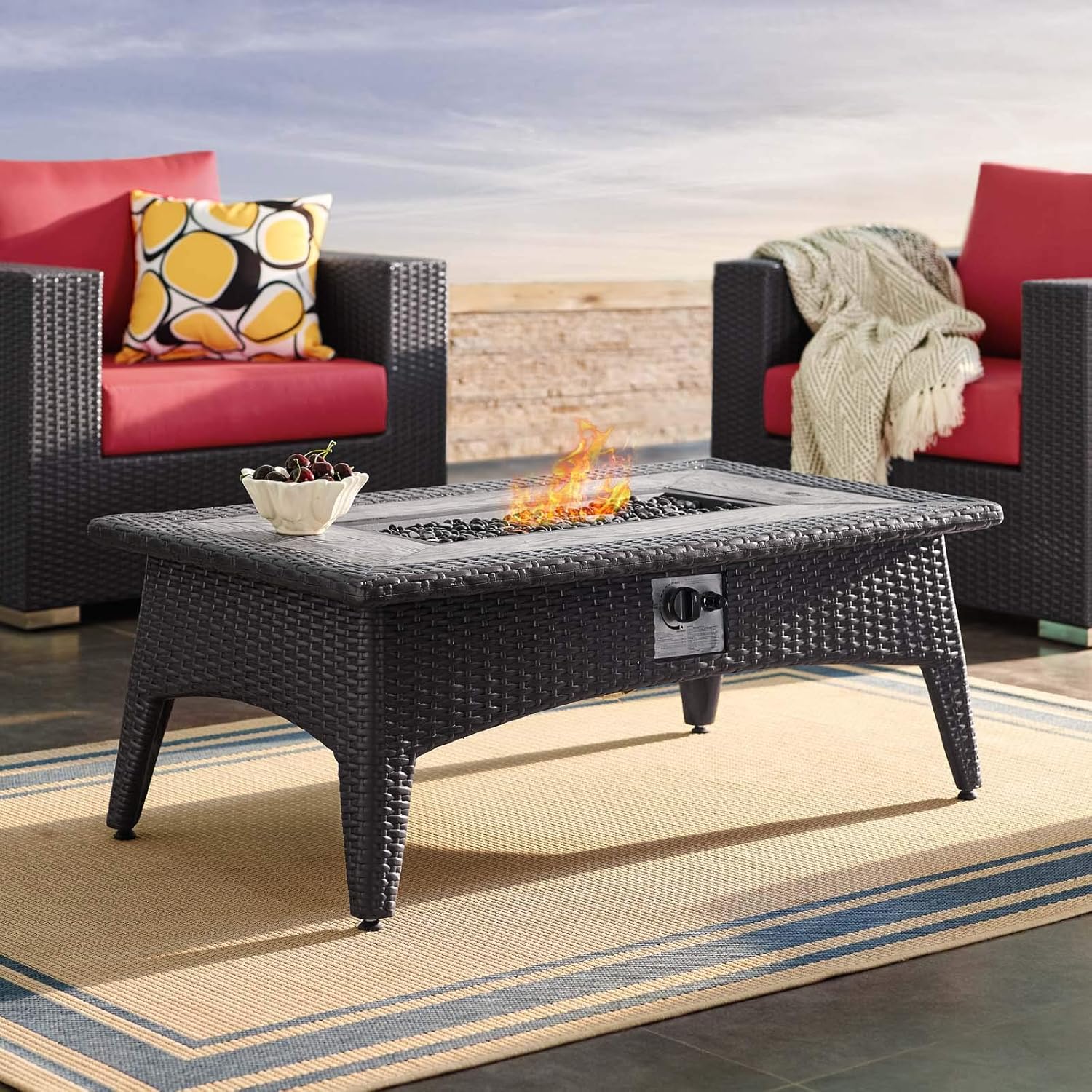 Modern Cool Outdoor Patio Lounge Coffee Fire Pit Table Rectangular Drak Grey Gray Rattan Wicker