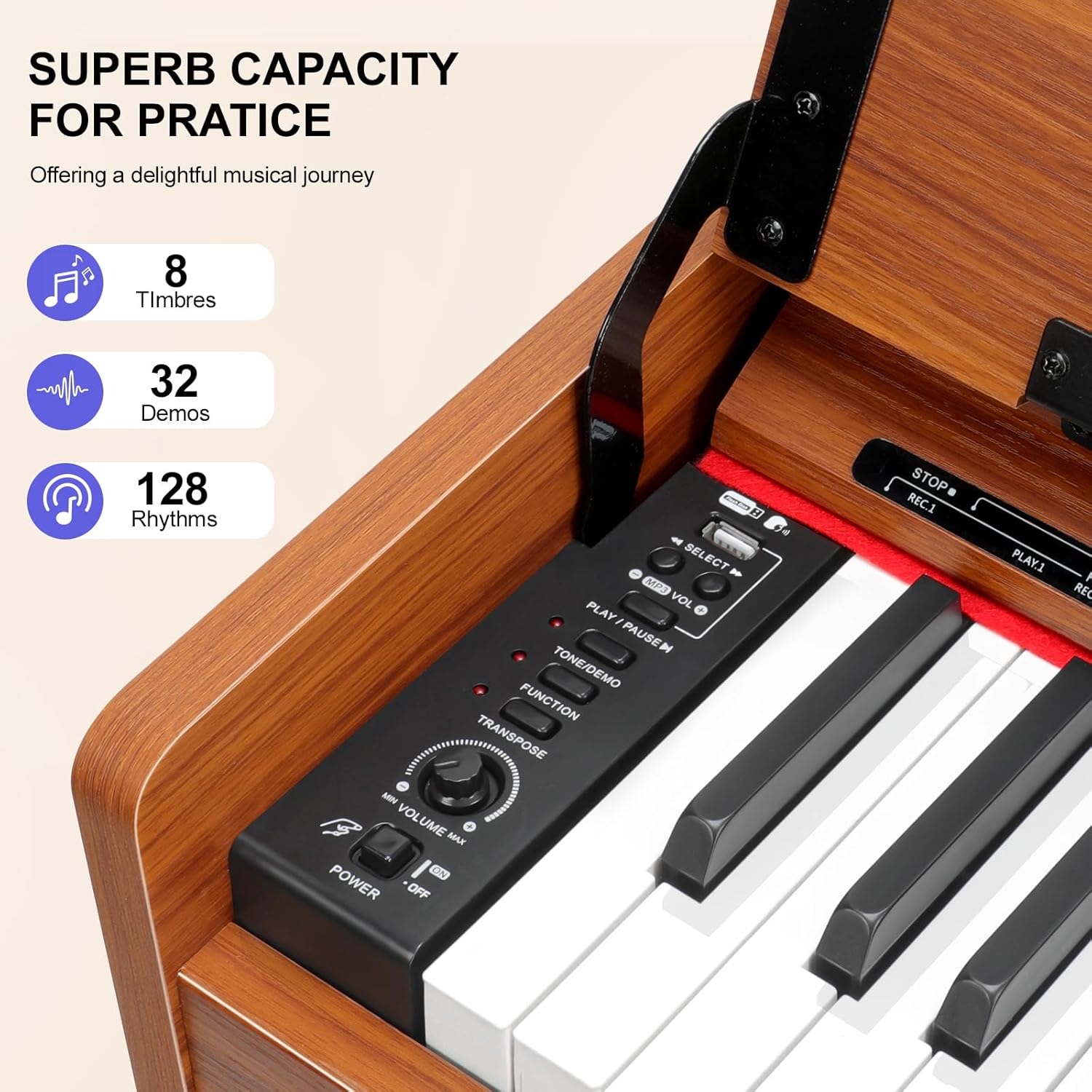 88 Key Weighted Digital Piano Keyboard - Wood Piano Desk to Vanity, Hammer Action Electric Piano with MIDI, Ideal Home Digital Pianos & Keyboard Piano for Beginners (Brown, VE86 with Cabinet Stand)