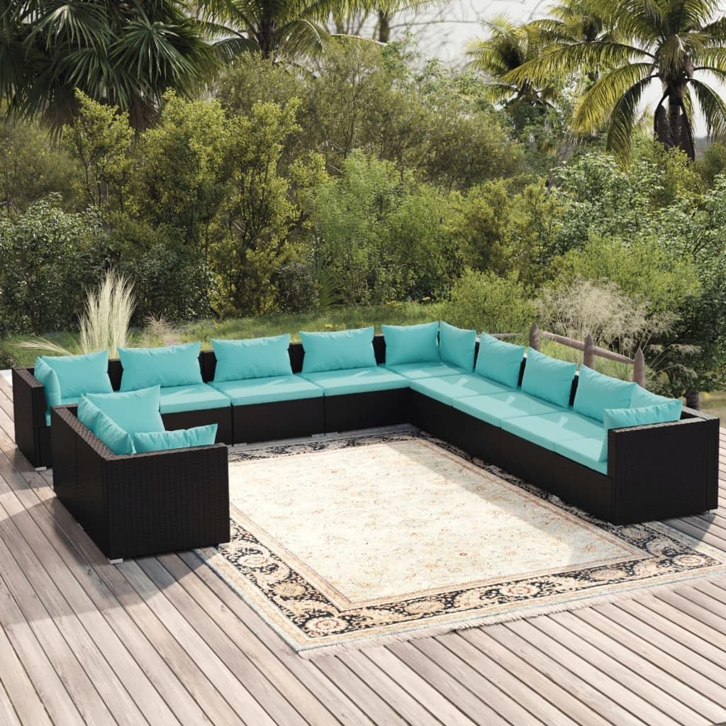 11 Piece Patio Lounge Set with Cushions Black Poly Rattan,Modern Outdoor Patio Lounge Set with WaterResistant Cushions and Modular Design Patio Furniture, Outdoor Furniture Sets