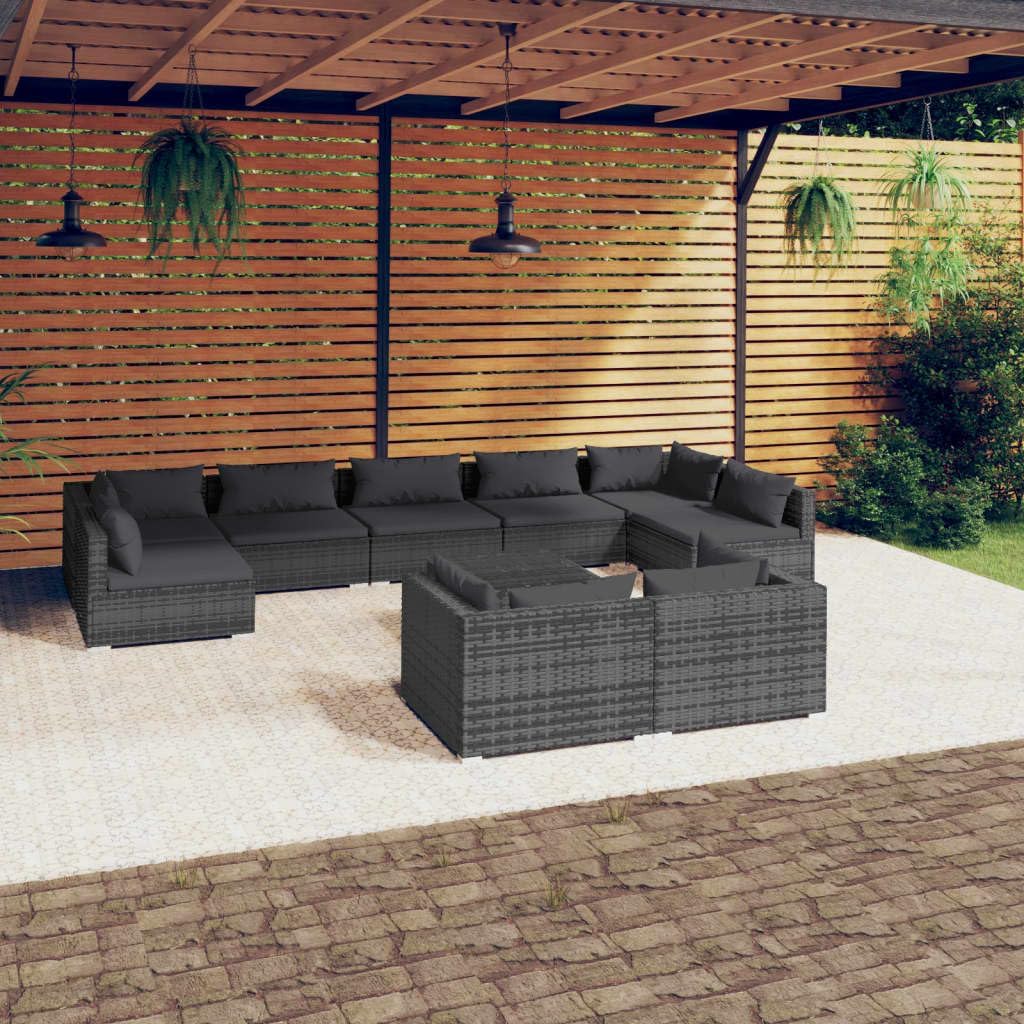 Patio Set 10 Piece Patio Lounge Set with Cushions Gray Poly Rattan