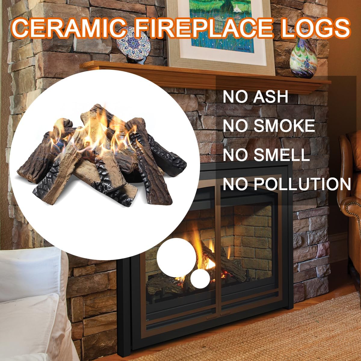 Skypatio 10-Piece Gas Fireplace Logs Set, Heat Resistant Realistic Ceramic Wood Logs for Indoor or Outdoor Fireplace, Fire Pit Decor, Lightweight & Portable