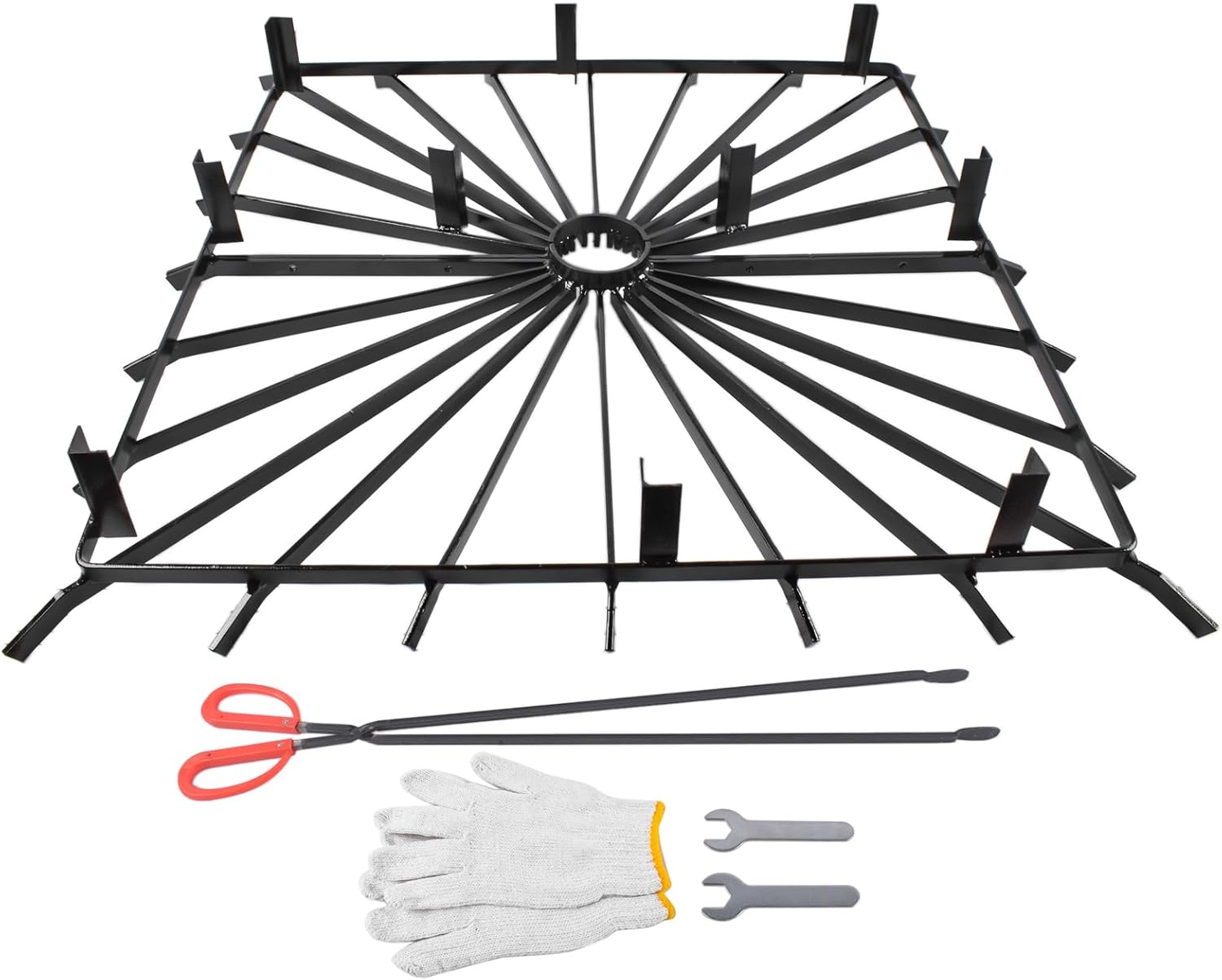 Square Wheel Fire Pit Grate Heavy Duty Steel 36x36 Inch, Includes Gloves & Poker Tool Mixizap