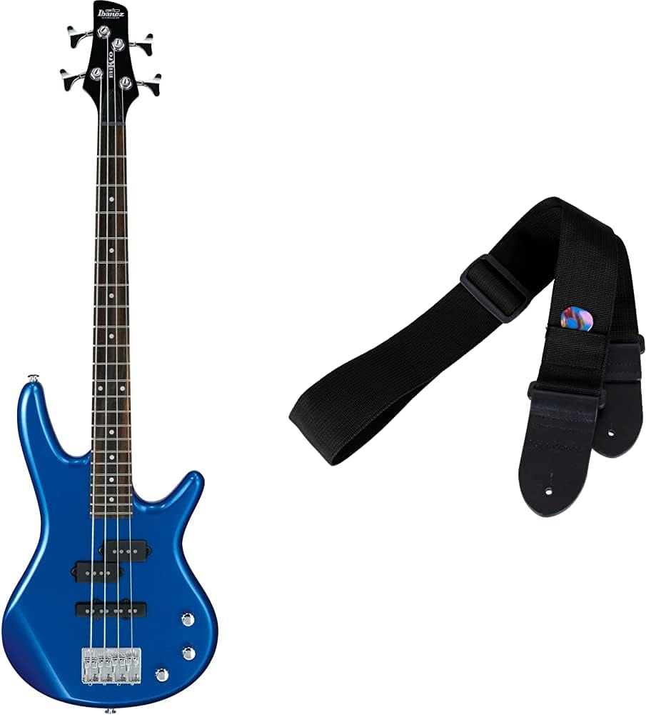 Ibanez GSRM 4 String Bass Guitar, Right, Starlight Blue (GSRM20SLB) | Protec Guitar Strap with Leather Ends and Pick Pocket, Black