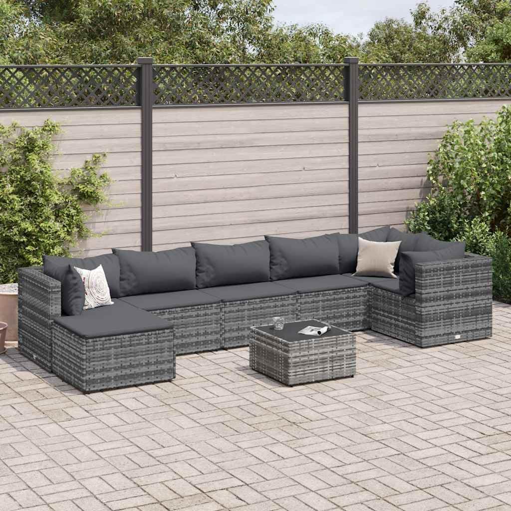 8 Piece Modular Patio Lounge Set, Gray Poly Rattan Outdoor Furniture with Cushions, Garden & Balcony Seating for 6 People, Weather-Resistant