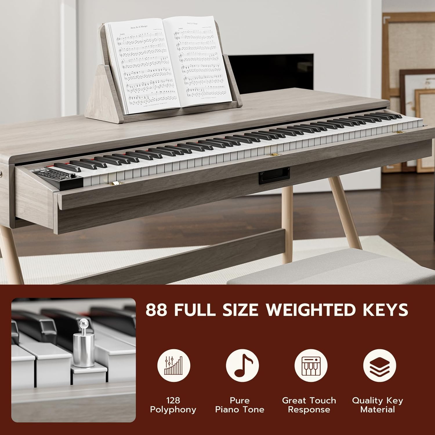 UMOMO 88 Key Weighted Digital Piano, Both Desk & Vanity Desk Piano, 88 Key Progressive Hammer-action Keyboard Piano for Beginners with MIDI, Gray