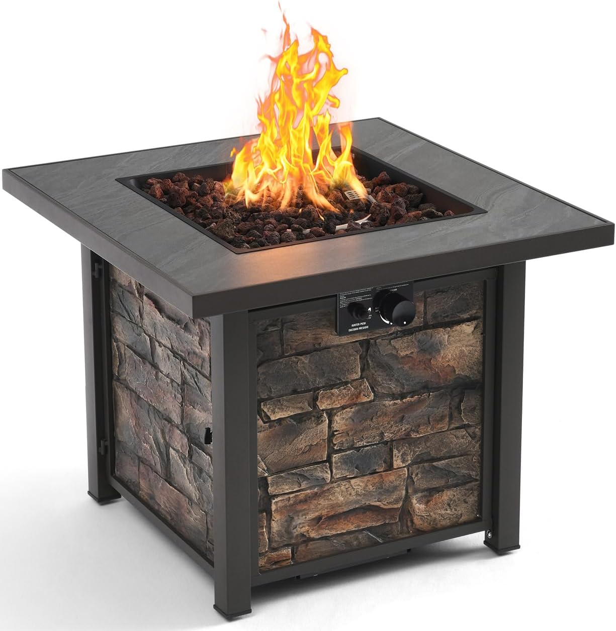 32'' Propane Fire Table for Outdoor, Sintered Stone Tabletop & Polyresin Natural Stone Base, 50000 BTU Gas Fire Pit Table for Outside Patio and Garden, with Lava Rock