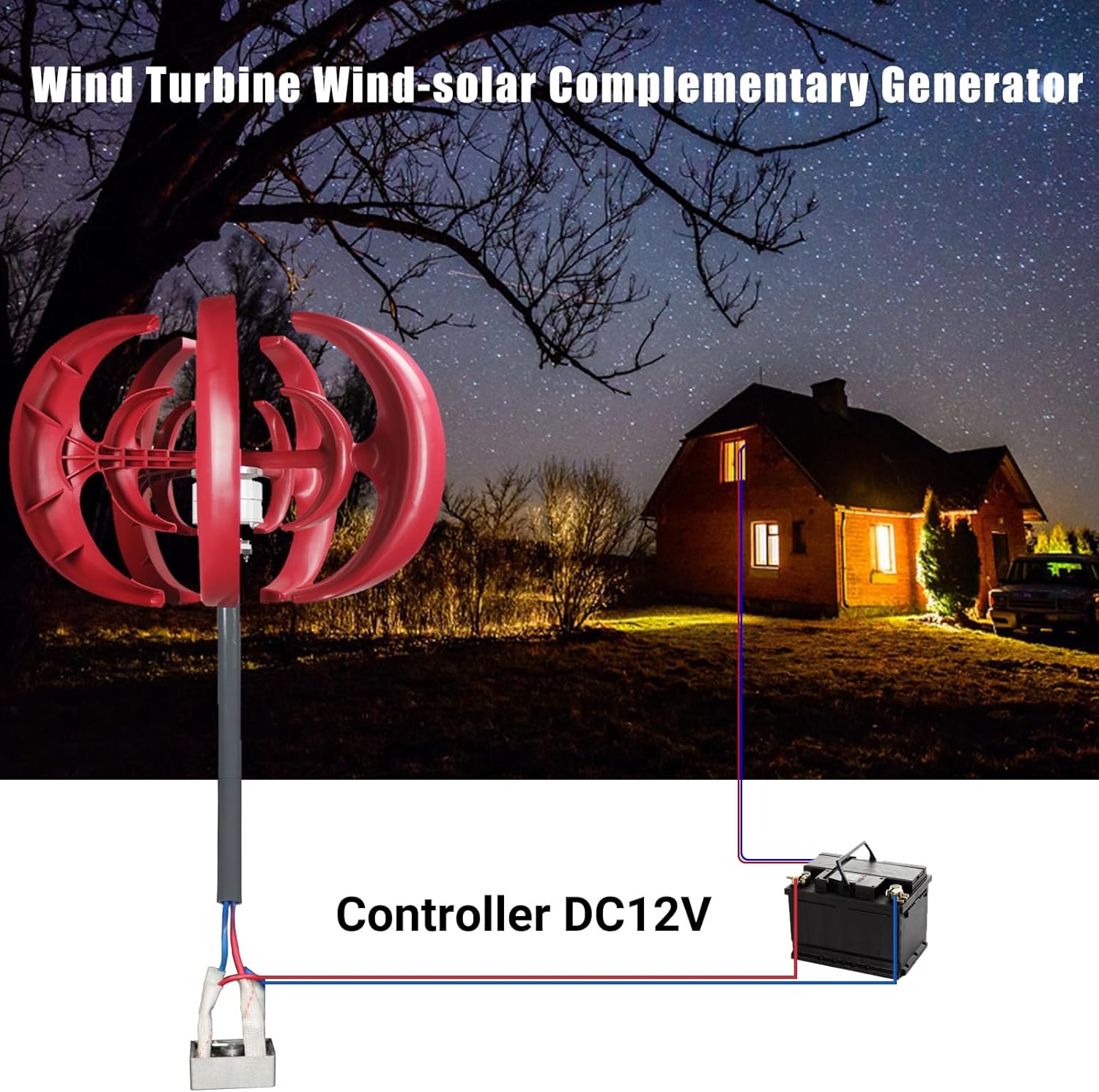 600W Wind Turbines Generator, 5 Blades 12V Vertical Axis Wind Turbines Generator Kit for Home Hybrids Streetlight Use, Wind Turbines Kit with Controller for Hybrids Wind Solar System Red