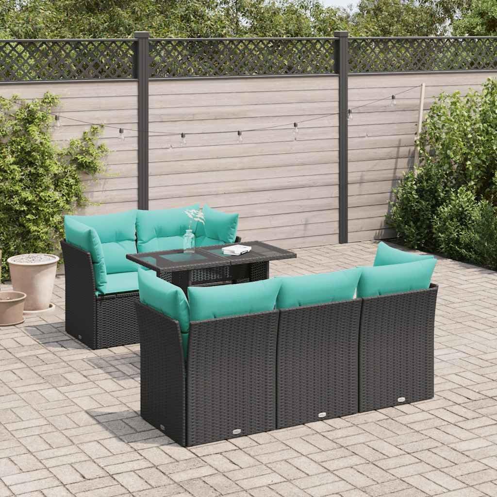 6 Piece Patio Sofa Set, Black Poly Rattan Acacia, Outdoor Sectional Furniture with Blue Cushions, Storage, Modular Design for Garden, Backyard, Deck