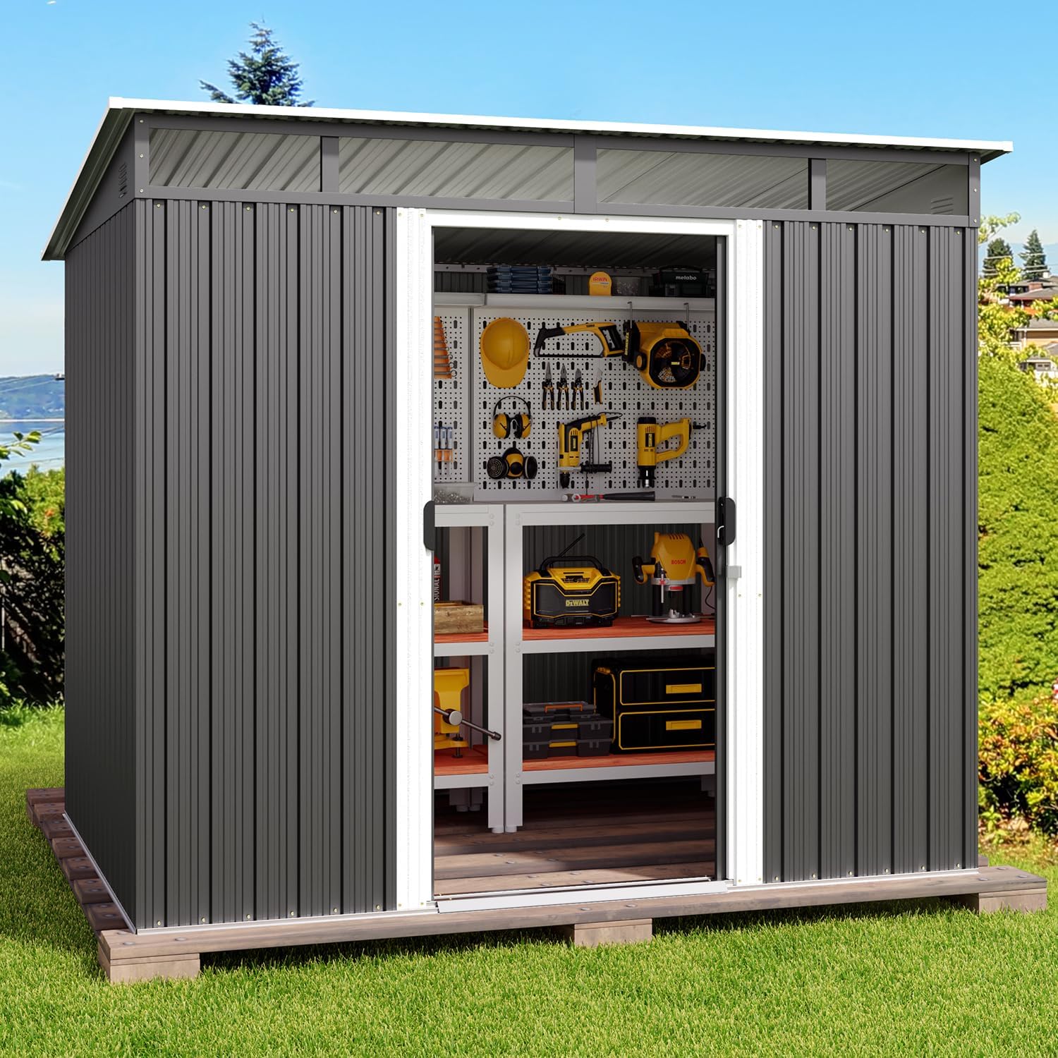 Gizoon 7.4'x5.3' Outdoor Storage Shed Metal Garden Shed with Sliding Lockable Doors, Versatile Tool Bike Shed with Transparent Panel Windows, Outdoor Storage Clearance for Backyard, Patio, Dark Gray