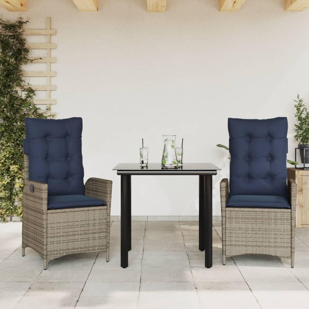 Patio Set 3 Piece Patio Dining Set with Cushions Gray Poly Rattan