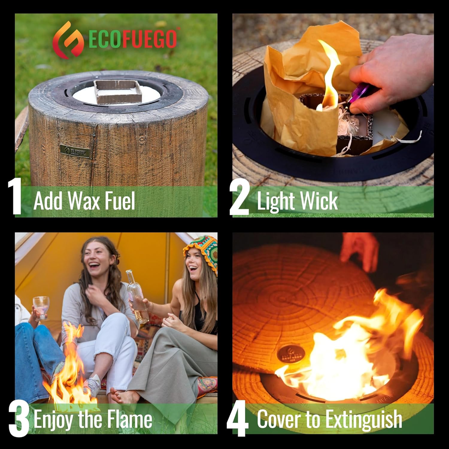 El Fuego Wax Fire Pit – Lights in Seconds for Instant Heat with No Wood Smoke, Low Maintenance, The Ultimate in Convenience - Original