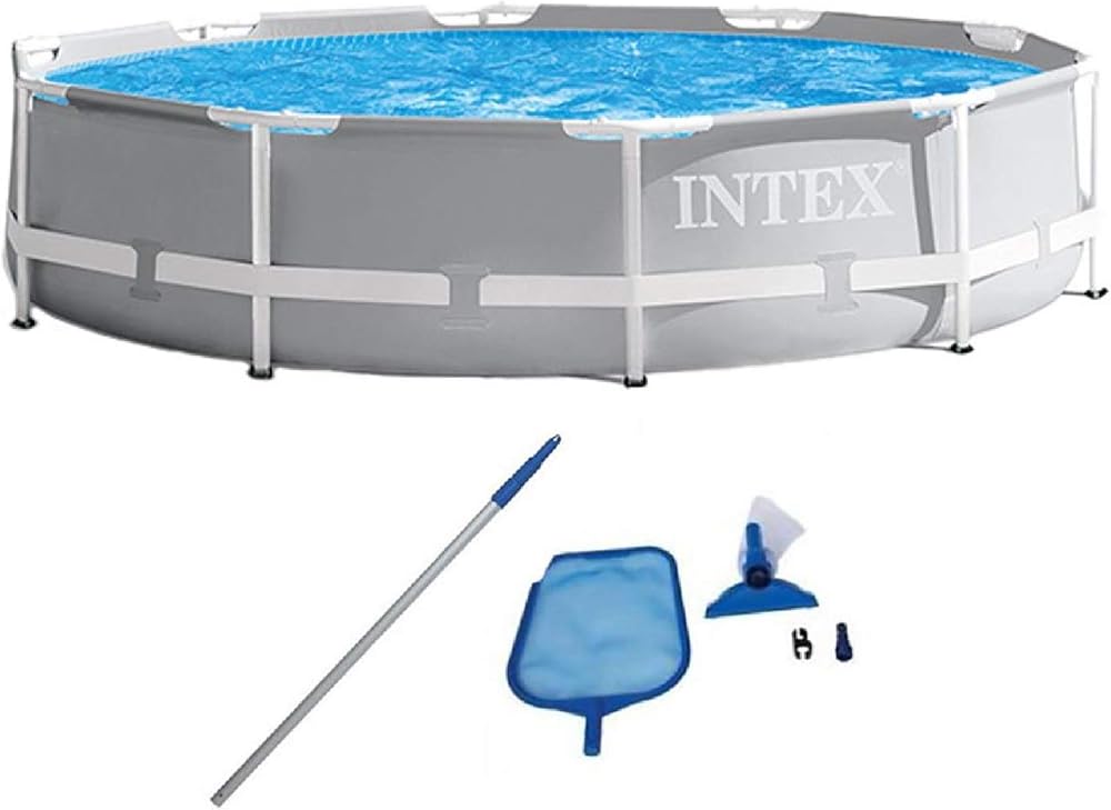 Intex 10ft x 30in Prism Metal Frame Above Ground Swimming Pool with Filter Pump and Cleaning Maintenance Kit with Vacuum, Skimmer and Pole 26701EH