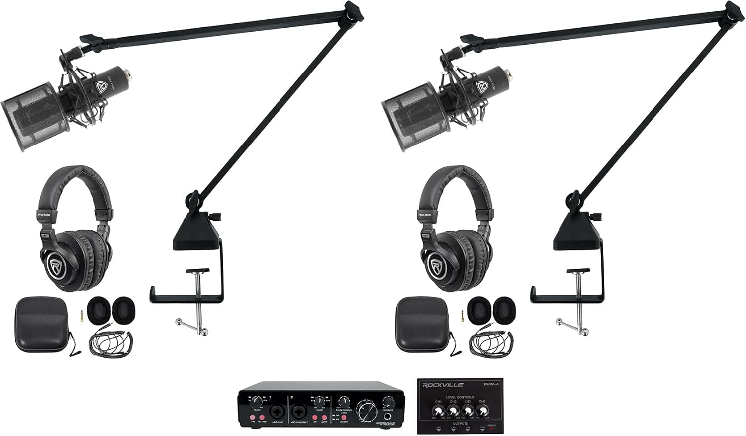 Rockville R-TRACK 2x2 Bundle: USB interface 24 Bit 192 kHz, (2) RCM PRO condenser microphones, (2) PRO-M50 headphones, (2) R-BOOM 34 mic arms w/clamps,RHPA4 4-chheadphone amplifier,TRS cable, 9-items