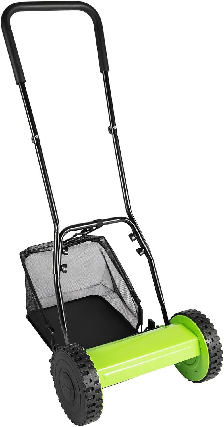 Lawn Mower, 12-Inch 5-Blade Manual Reel Lawn Mower Cordless, Adjustable Cutting Height Grass Cutter with Grass Catcher, Green (12 in)