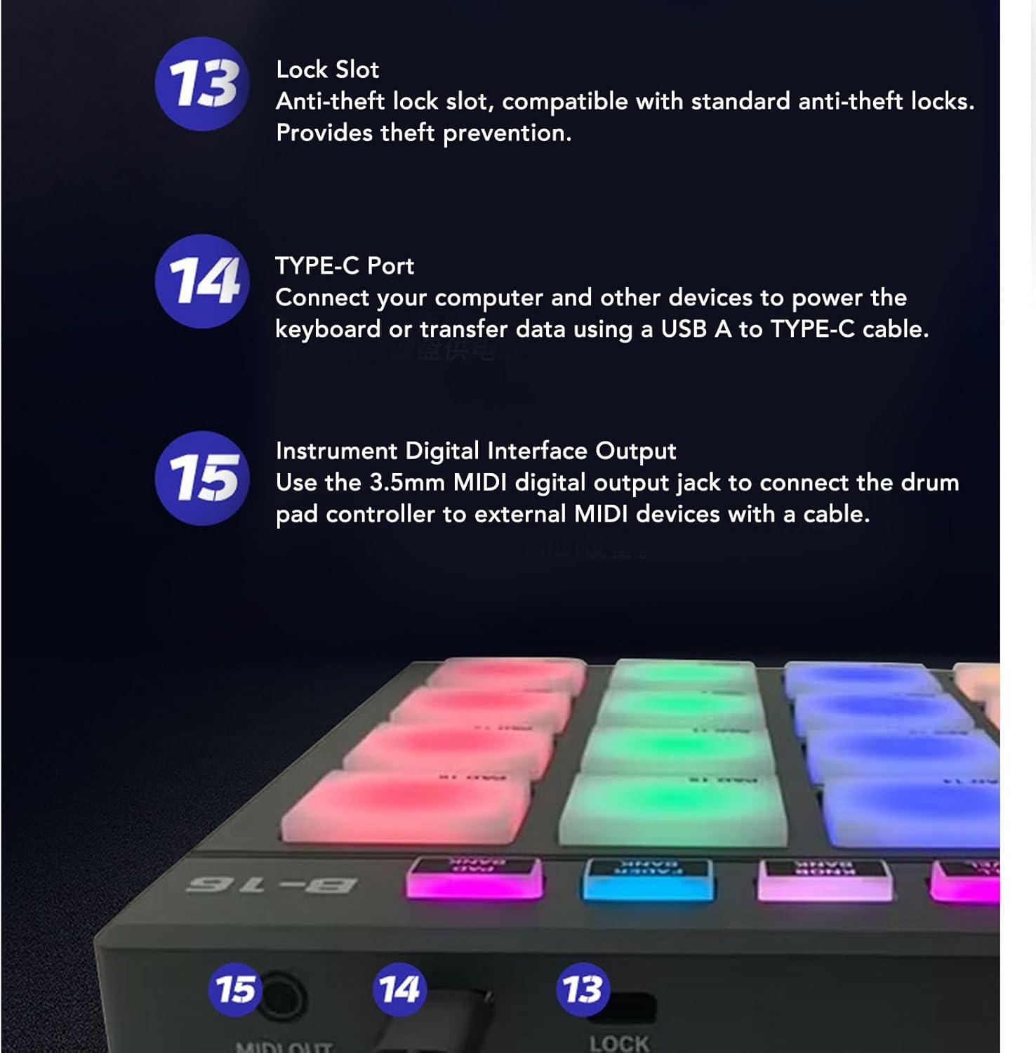 MIDI Pad Controller - Portable MIDI Drum Pad Controller with 16 RGB Backlit Beat Pad, 2 Assignable Fader, 2 Adjustable Knobs, USB MIDI Beat Maker Machine for Music Production