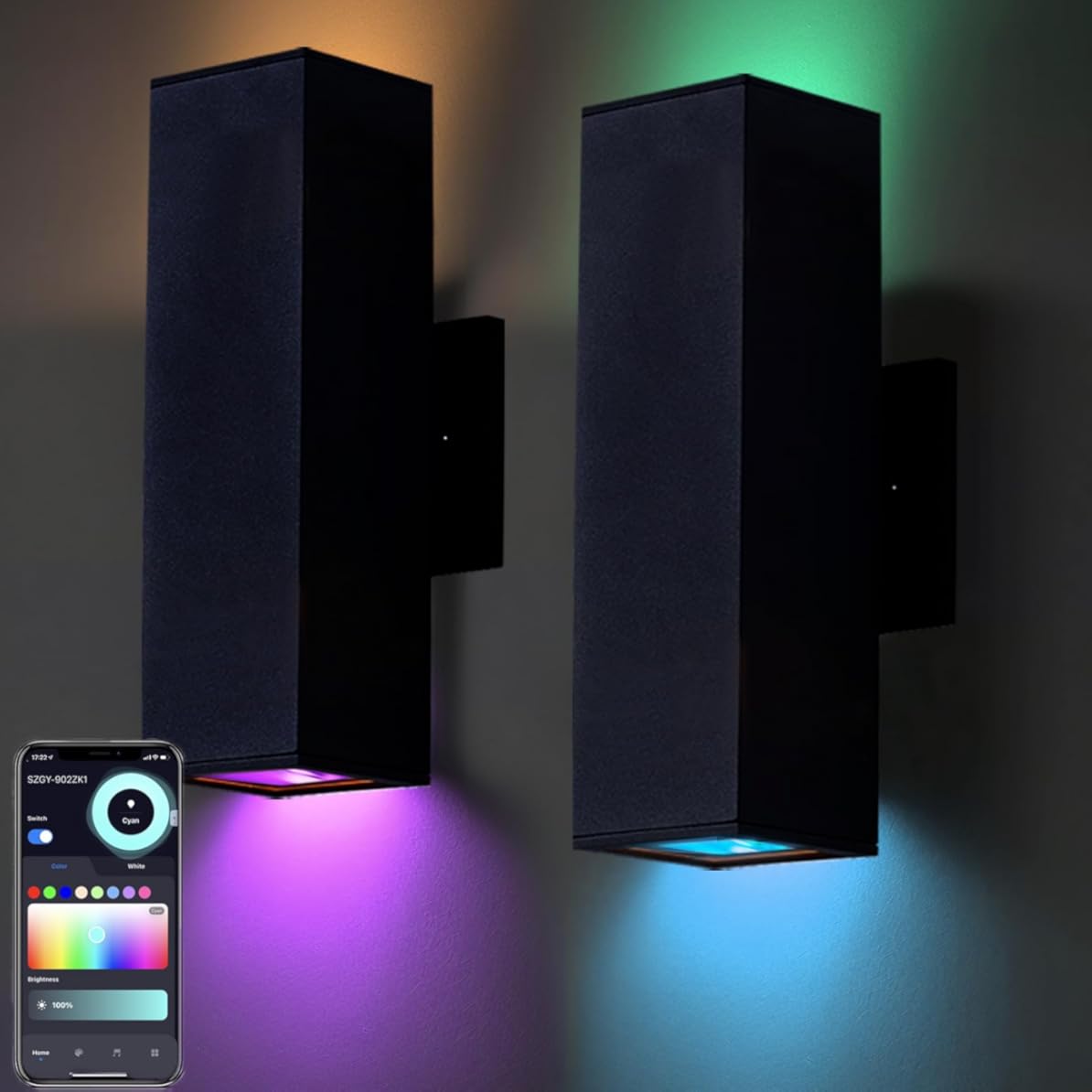 Tunable White Exterior Wall Light Fixtures 1200lm, RGB Color Up Down Outdoor Lights 2 Pack,Modern Dusk to Dawn Outdoor Lighting - Smart Outside Wall Lights for Garage,Porch（UL Listed