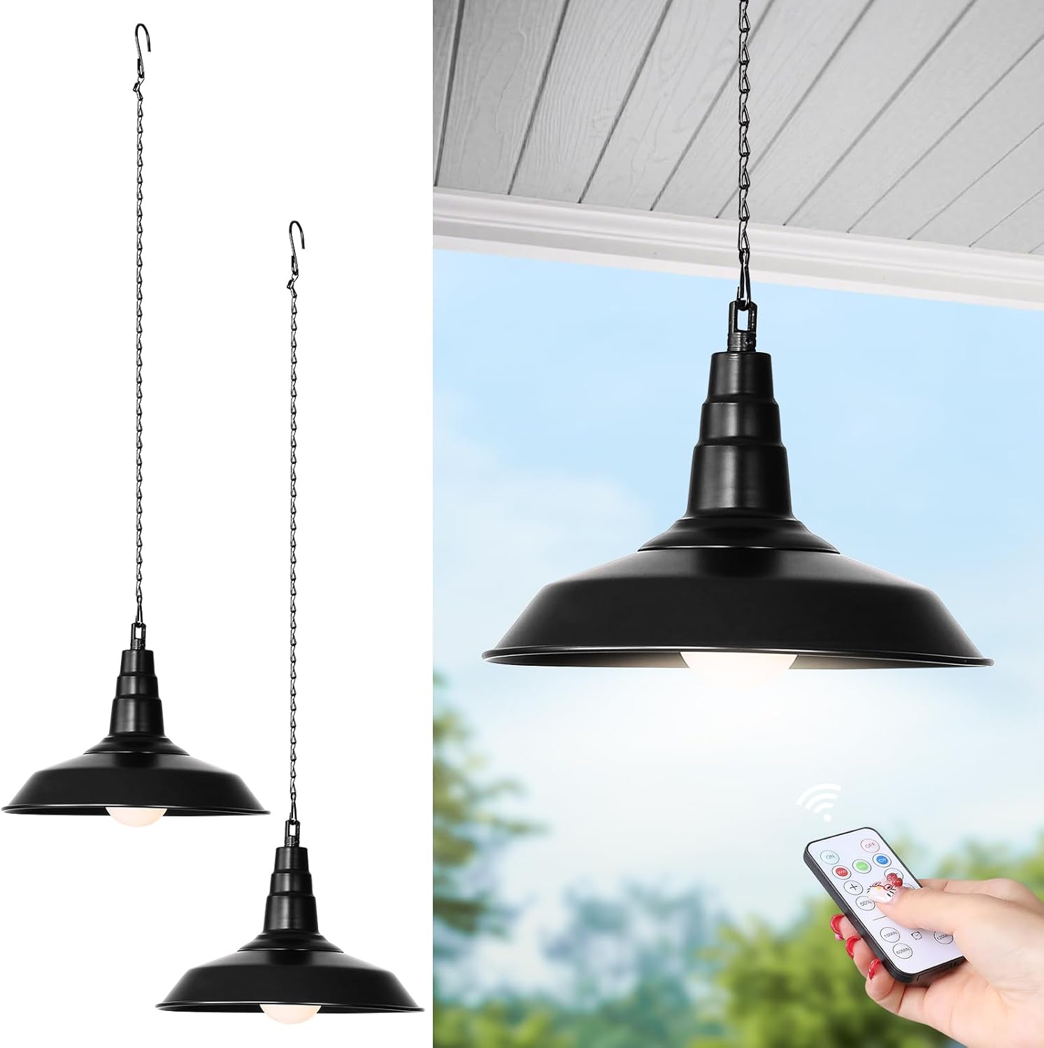 2 Pack Black Battery Operated Hanging Outdoor Chandelier, Rechargeable Portable Wireless Pendant Lights with Remote, Battery Powered Hanging Lamp Lantern for Indoor Outdoor Porch Patio Gazebo