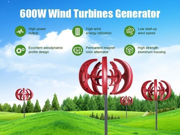 600W 5-Blade Vertical Axis Wind Turbine Generator Kit, DC12V Windmill Generator,Electromagnetic Power Production, Efficient Wind Energy Converter Red