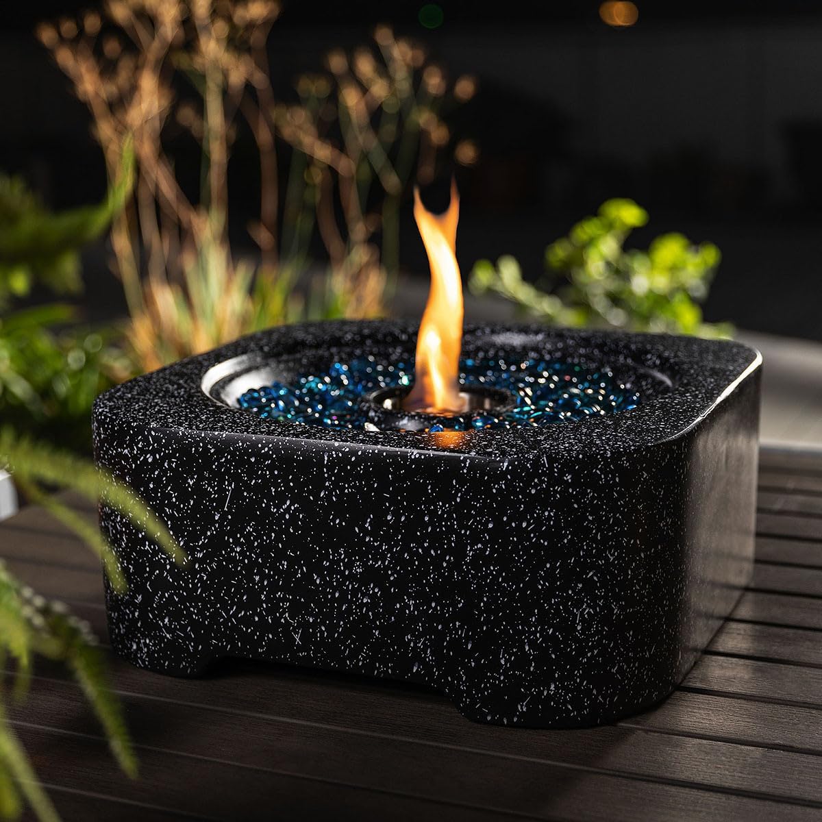 Tabletop Smokeless Fire Pit Bowl for Indoor & Outdoor Use Modern Concrete Outdoor Heater for Patio with Blue Fire Glass Small Decorative Fire Feature for Balcony Backyard & Tabletop Ambiance