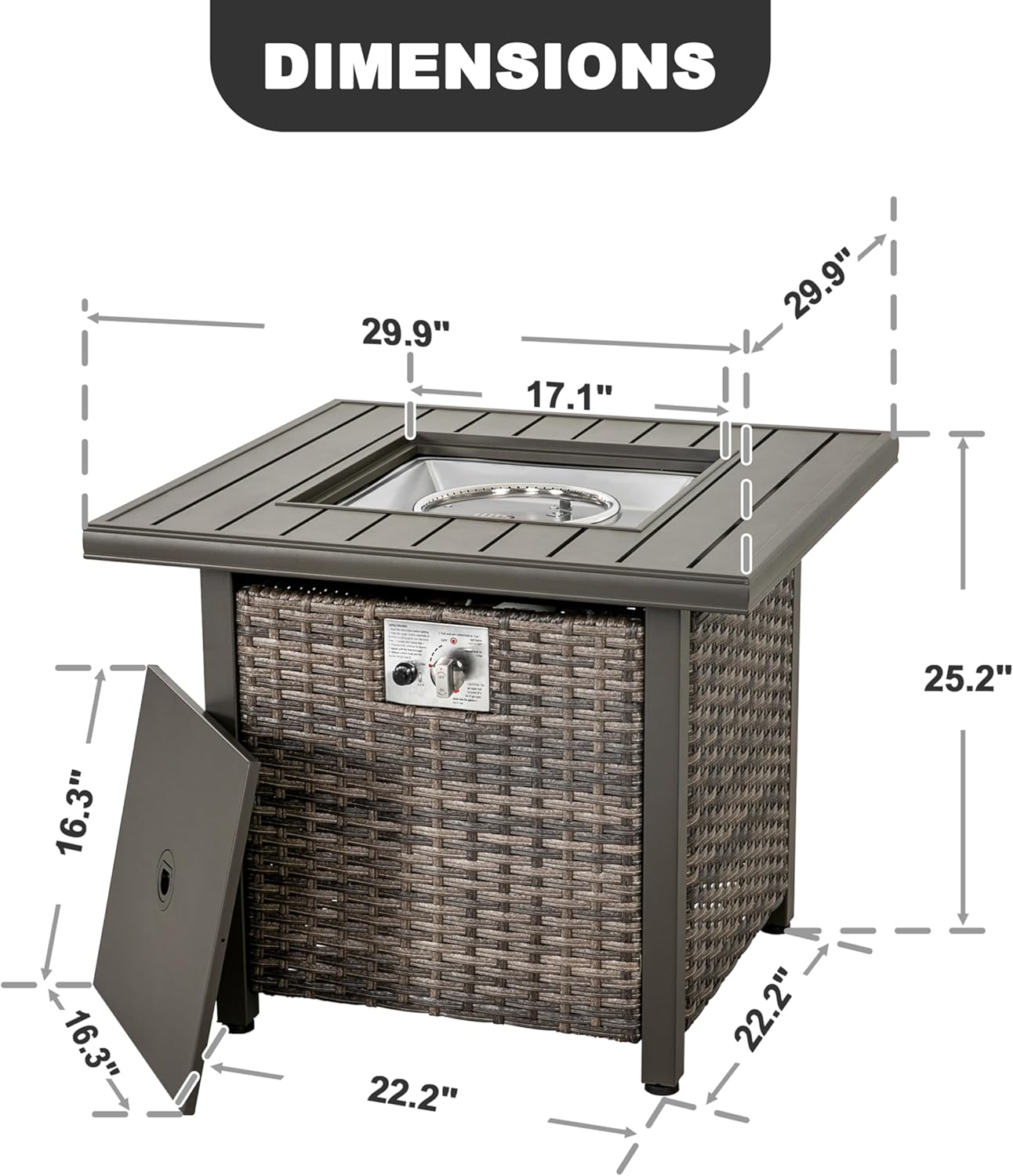 Nuu Garden Propane Fire Pit Table, CSA Certified 30 Inch 50,000 BTU Outdoor Propane Gas Cabinet Square Fire Pit Table, Iron Tabletop, Rattan and Iron Frame, with Lid and Fire Glass Beads, Black