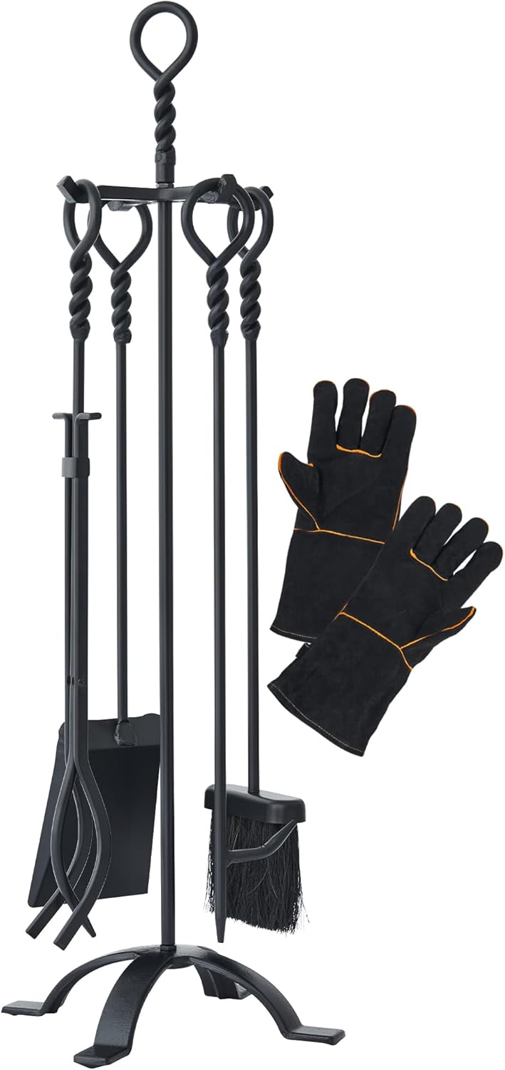Lichamp Fireplace Tools Set, 5-Pieces Indoor Outdoor Sturdy Fire Place Poker Sets with Retro Handle and Heat Resistant Leather Gloves, FTS55BK