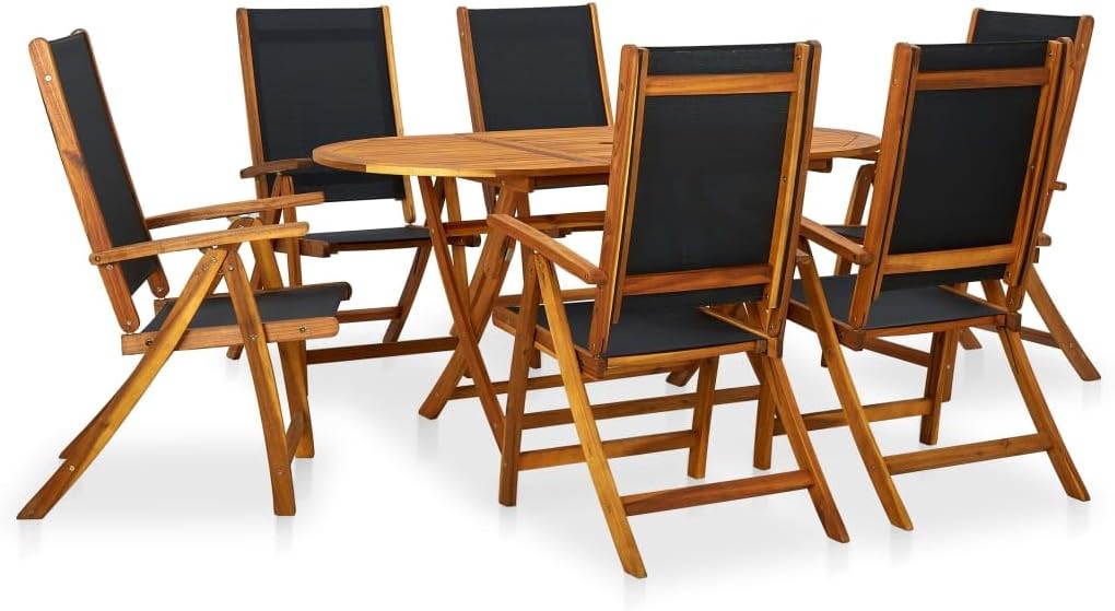 7 Piece Patio Dining Set Solid Acacia Wood,Outdoor Acacia Wood Dining Set with 5Position Folding Chairs Patio Furniture Sets, Outdoor Furniture Sets