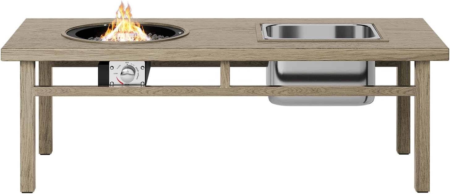 3-in-1 Coffee Table with Ice Bucket & Fire Pit - Beige