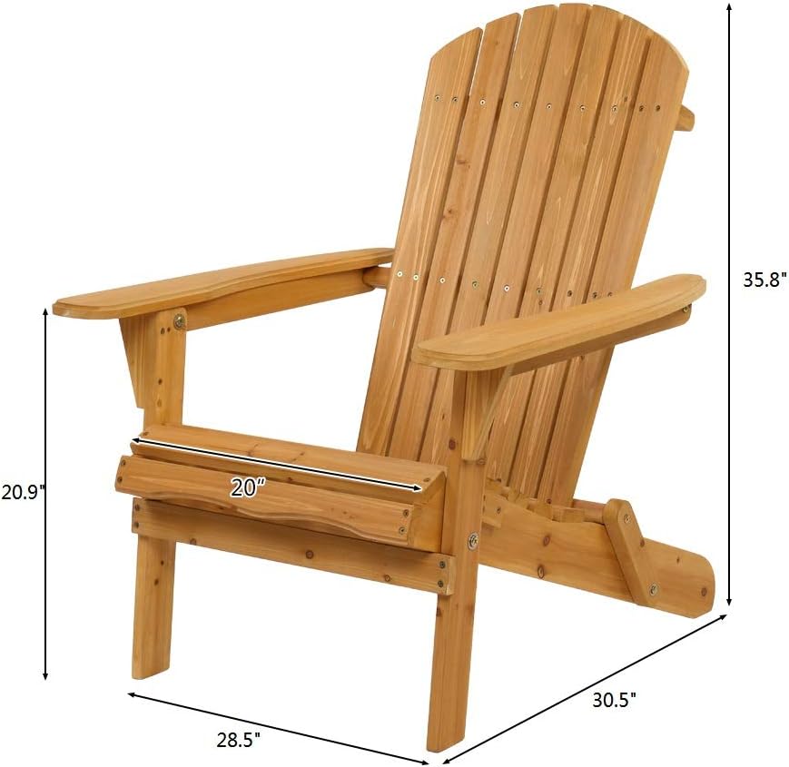 VINGLI Wooden Adirondack Chair 350 LBs Support Ergonomic Design, Folding Outdoor Patio Fire Pit Lounge Armchair Furniture w/Natural Finish, for Beach, Poolside, Balcony