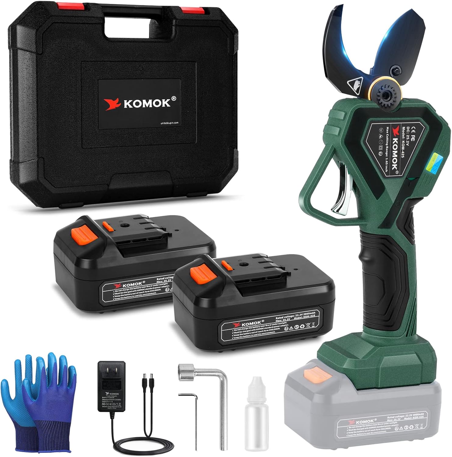 KOMOK Electric Pruning Shears, Professional Cordless Electric Pruners Battery Powered Tree Branch Cutter with 2 Rechargeable 2 Ah Lithium Batteries, 1.65