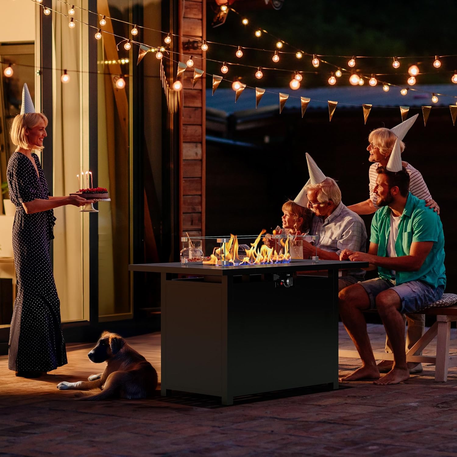 43” Outdoor Propane Fire Table Set with Heavy-Duty Glass Stones, Glass Wind Guard, Lid & Water-Resistant Cover, 50,000 BTU Metal Fire Pit Table, Rectangle Fire Pit Table for Deck, Patio