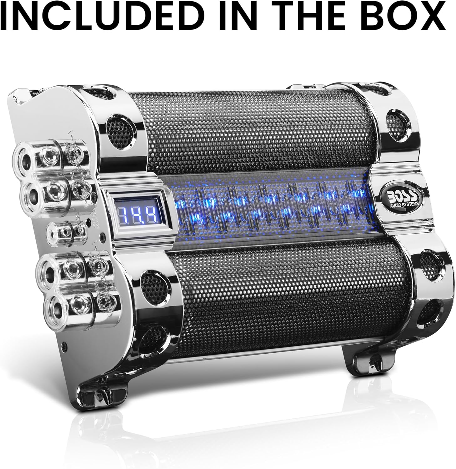 BOSS Audio Systems Cap18 - 18 Farad Car Capacitor For Energy Storage To Enhance Bass Demand From Audio System, Audible Warning Tone For Reverse Polarity, Voltage Overload Low Battery Voltage Led