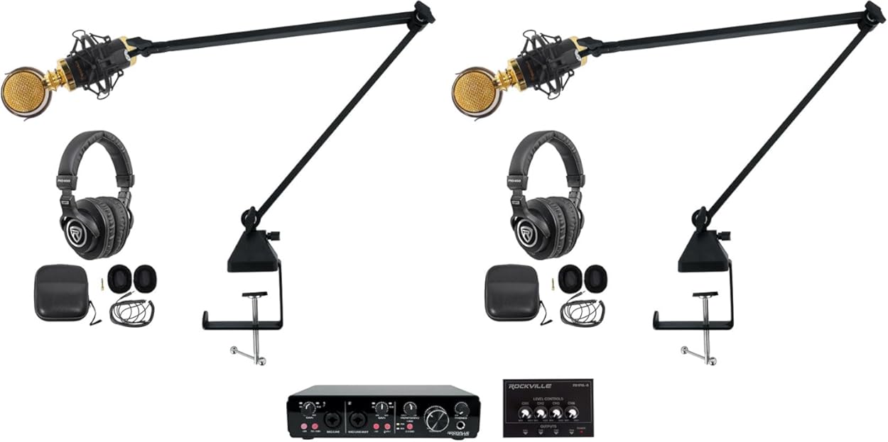 Rockville R-TRACK 2x2 Bundle: USB audio interface 24 Bit 192 kHz, (2) RCM02 microphones w/mounts, (2) PRO-M50 headphones, (2) R-BOOM 34 Stand, RHPA4 4-ch headphone amplifier, 3 ft TRS cable, 9-items