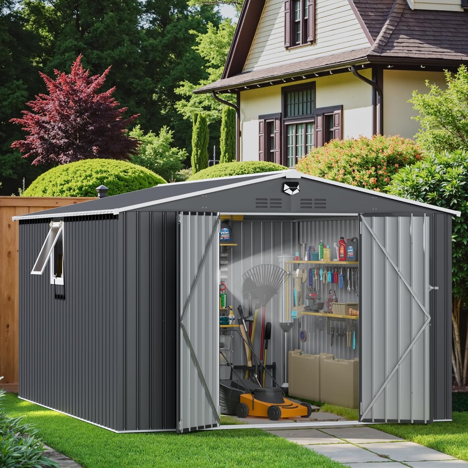 10x12 FT Metal Storage Shed,Outdoor Storage Building with Lockable Doors & 1 Vented Clear Window,Large Backyard Sheds,Waterproof Outside Storage Sheds
