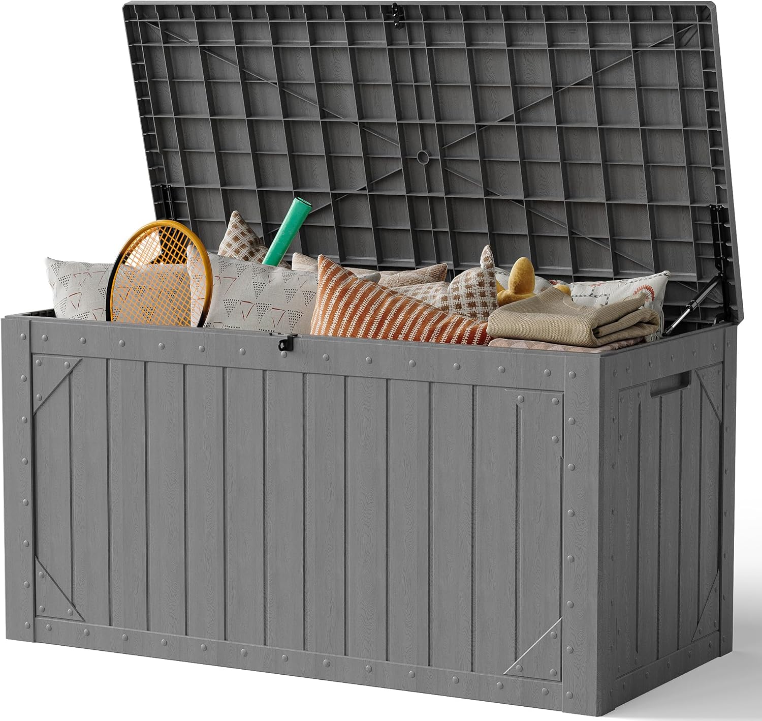 Outdoor Storage Box, 100 Gallon Deck Box Outdoor Storage Bench Outside Waterproof Resin Storage Bench, Lockable Patio Cushions, Garden Tools Storage For Furniture, UV Resistant(Gray)