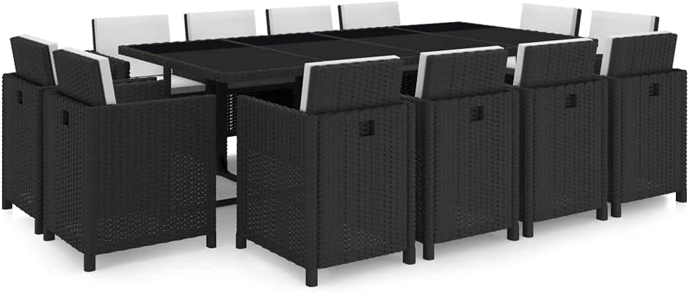 13 Piece Patio Dining Set with Cushions Poly Rattan Black,Rattan Dining Set with 12 Chairs and Comfortable Cushions for Outdoor Garden Patio Furniture Sets for Patio, Lawn & Garden