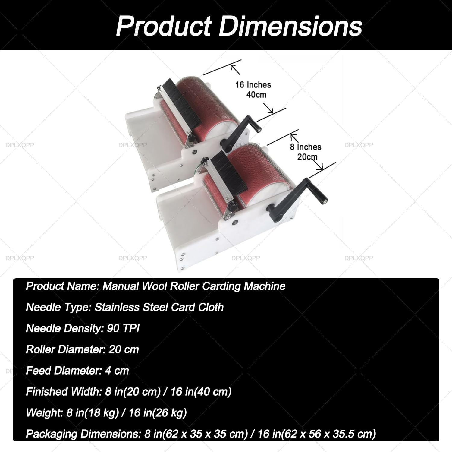 Professional Manual Drum Carder, Aluminum Alloy Roller & 90tpi Stainless Steel Needles for Ultra-Smooth,Cloud-Like Wool Batts,Ideal Tool for Felters and Spinners (8”/16” Width) 40CM/16inch
