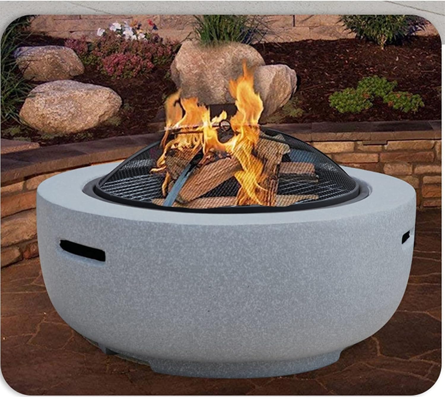 Outdoor Fire Pit Garden Terrace Round BBQ Table,Outdoor Wood Burning Fire Bowl with Spark Screen and Poker