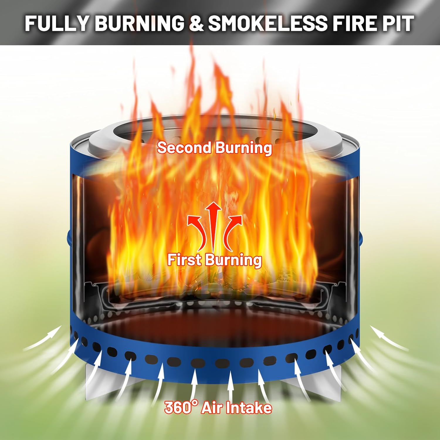 GarveeLife Smokeless Firepit, 20 in Stainless Steel Outdoor Portable Fire Pit with Removable Ash Pan and Carry Bag, Wood Burning Firepits for Outside with Stand, Ideal for 4-6 People, Blue