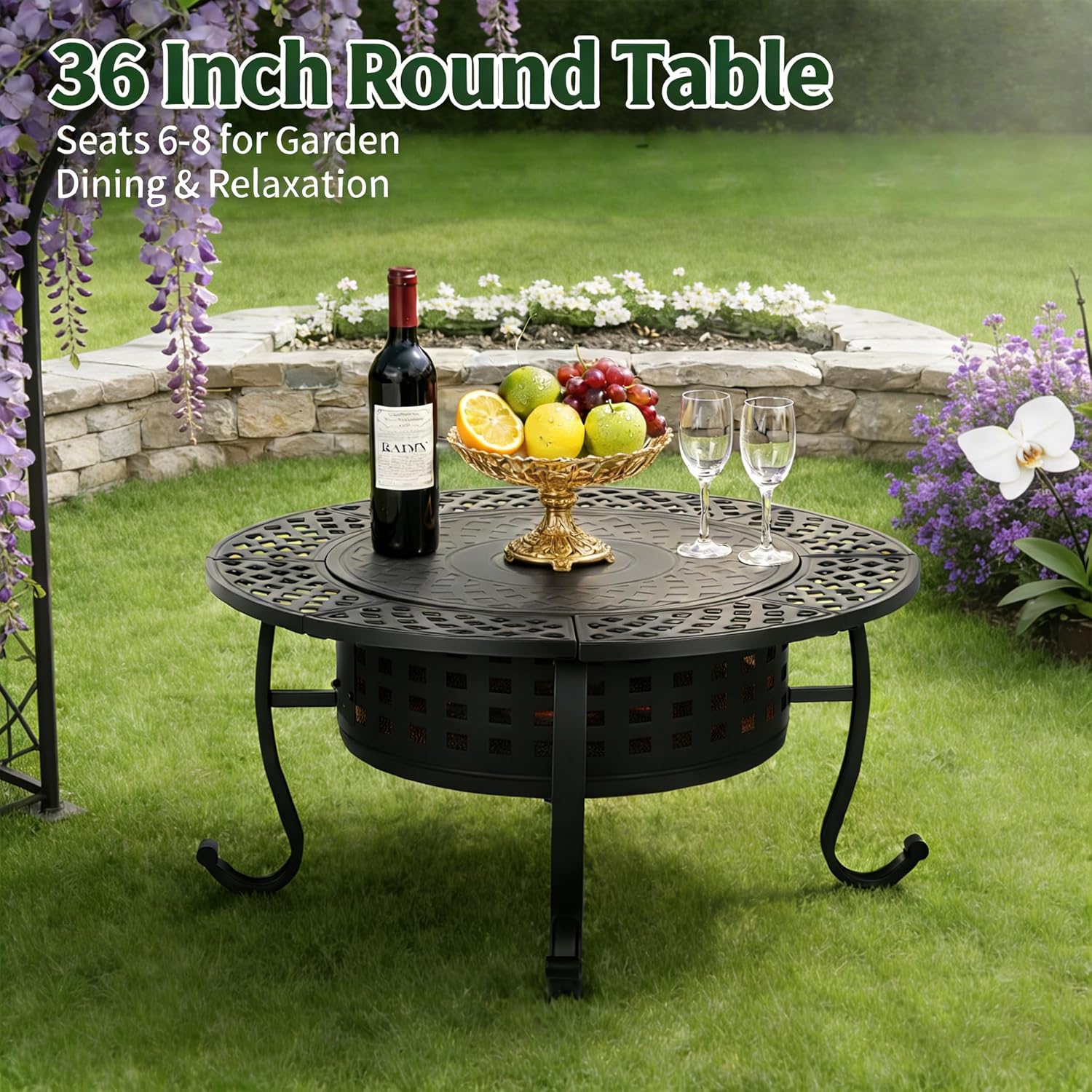 Dkelincs 36 Inch 3-in-1 Fire Pit Table, Wood Burning Outdoor Fire Pit with Rotating Grill & Lid for BBQ, Bonfire, Patio (Black)