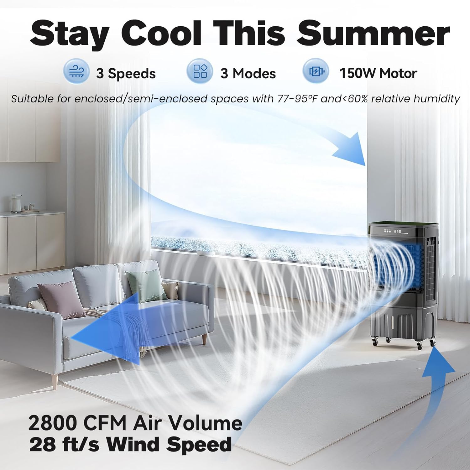 Auertech 8.2 Gal Swamp Cooler, 2800 CFM Portable Evaporative Air Cooler with 3 Speeds, Remote, 12H Timer, 120°Oscillation, Portable Air Coolers for Room, Garage, Bedroom