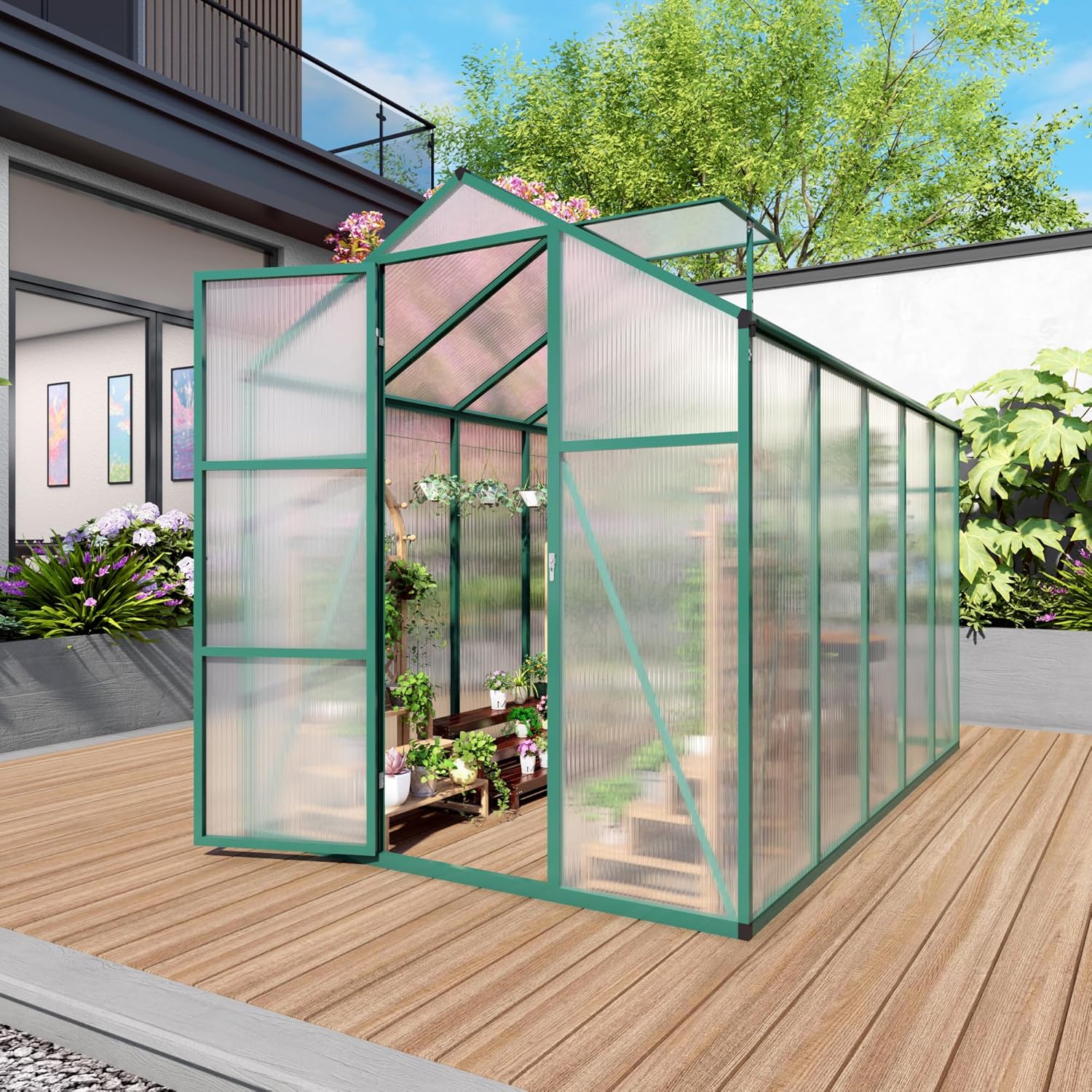 Walk-in Greenhouses Kit for Outdoors - Heavy Duty Polycarbonate Greenhouse with Aluminum Frame, Raised Base and Anchor System for All Season Winter Garden House,6x10FTGreen