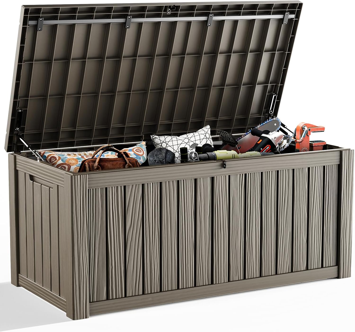 EFU 150 Gallon Deck Box, Resin Outdoor Storage Box, Waterproof, UV Resistant,Outside Deck Box with Lockable Lid for Patio Furniture, Pool Tools, Outdoor Equipments and Garden Tools (Grey, 150 Gallon)