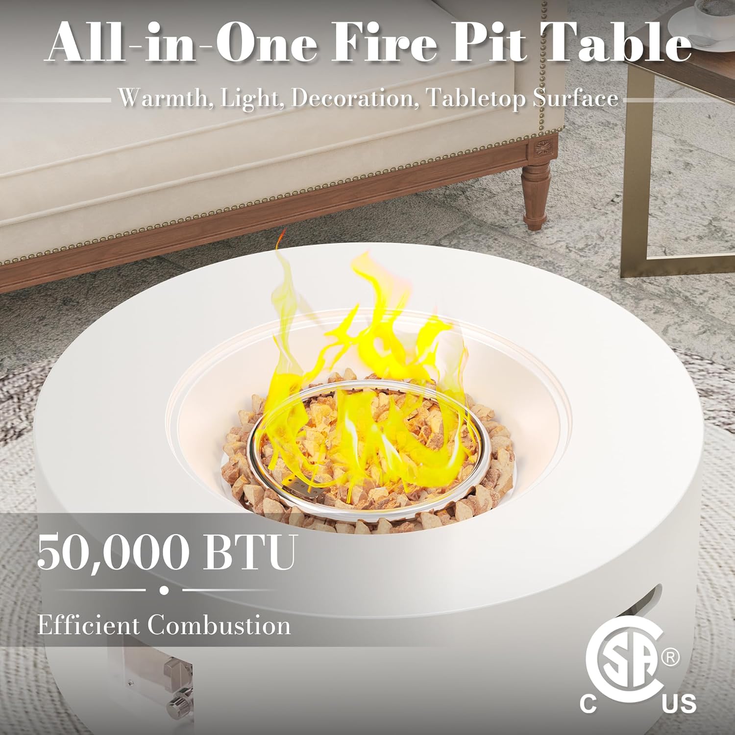 32.5 Inch Propane Fire Pit Table, 50,000 BTU Round Patio Fire Pit Table Outdoor, CSA Certified, Stainless Burner with Steel Lid, Waterproof Cover & Lava Rocks, for Backyard Garden, White