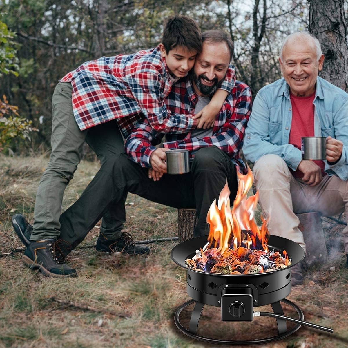 ReunionG 58,000 BTU Portable Propane Outdoor Fire Pit, w/Cover & Carry Kit, CSA Certification, Lava Rocks & 10 FT Hose, Durable Gas Fire Bowl for Outdoor Heating, Camping and Party, Black